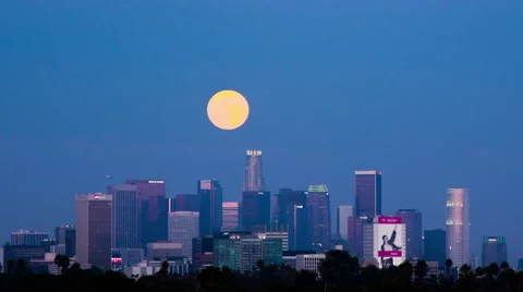 Time Lapse - Super Moon Rising behind the buildings of Downtown, Los Angeles Stock Footage 41949395