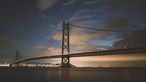 Time-lapse of a Suspension Bridge Over Water at Sunrise with Moving Clouds Video stock 331728801