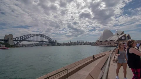 Time Lapse of Sydney Harbour Bridge and Opera House with Pedestrians on Waterfro Stock Footage 341672747