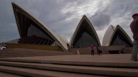 Time Lapse of Sydney Opera House Steps With People and Clouds on Overcast Day Stock Footage 341672872