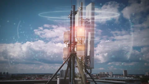 Time lapse of telecom antenna base station on rooftop. Animation of 4G, 5G Stock Footage 136965782