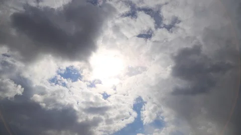 Time lapse: tense fluffy clouds cover the sun. Sun rays brake through clouds. Stock Footage 129270946