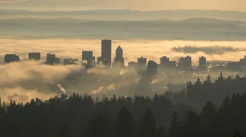 Time Lapse of Thick Fog Over Downtown City in Portland Oregon Early Morning Stock Footage 46523284