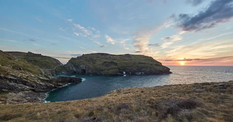 Time Lapse of Tintagel Castle at sunset, Cornwall, UK Stock Footage 239141114