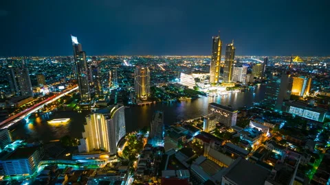 Time lapse Top view of Bangkok city with Chao Phraya River at night, Thailand Stock-Footage 140455076