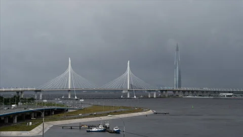 Time lapse. Top view of moving cars on highway at Neva river in Saint Petersburg Stock-Footage 227539856