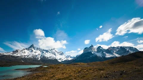 Time-Lapse Torres del Paine Los Cuernos & Paine Grande Sunny Day Patagonia Chile Stock Footage