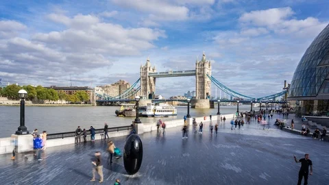Time Lapse of Tower Bridge, black egg shaped sculpture on the South Bank and Stock Footage 105238592