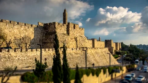 Time lapse of the Tower of David and the Old City walls with clouds, Jerusalem Stock Footage 132693779