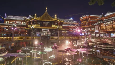 Time Lapse: Traditional Architecture and Lotus Lanterns at Yuyuan Garden Night. Stock Footage 337899076