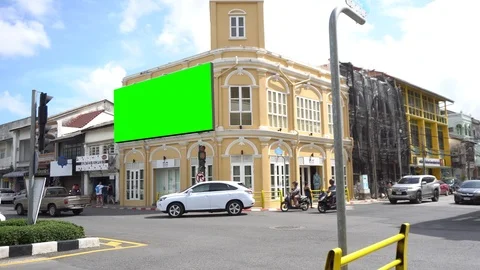 Time lapse traffic and phuket town background with green panel banner Stock Footage 124376779