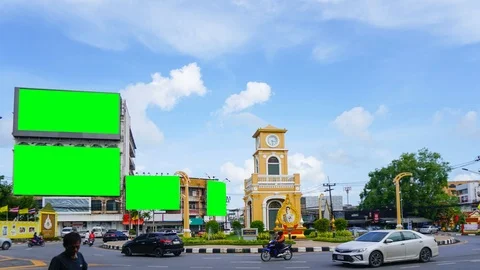Time lapse traffic and phuket town background with green panel banner Stock Footage 124377640