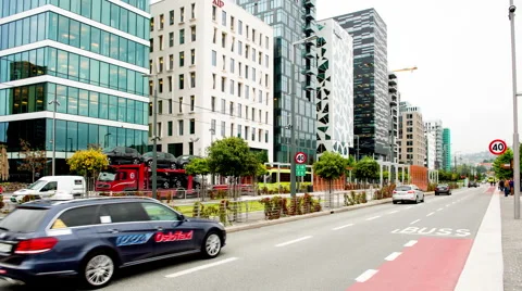 Time Lapse of Traffic &amp; Bar Code Buildings Oslo Norway Europe Stock Footage 58991474