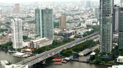 Time Lapse of Traffic on Bridge over Chao Prayia River - Bangkok Thailand Stock Footage 53246724