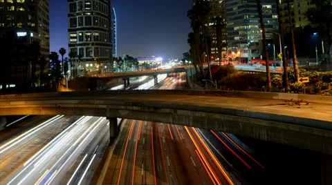 Time Lapse of Traffic in Downtown Los Angeles at Night Stock Footage 25543431