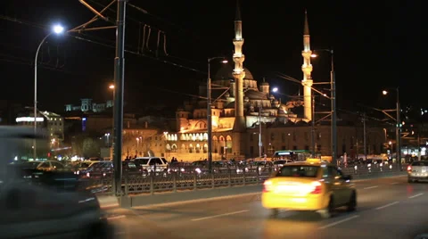 Time lapse traffic on the Galata Bridge with Mosque, tracking shot Stock Footage 37017957