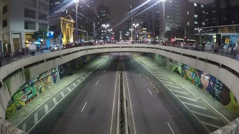 Time lapse of traffic jam and pedestrians in Paulista Avenue at night Stock Footage 87045028