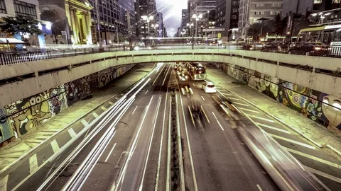 Time lapse of traffic jam and pedestrians in Paulista Avenue at night Video stock 87107093