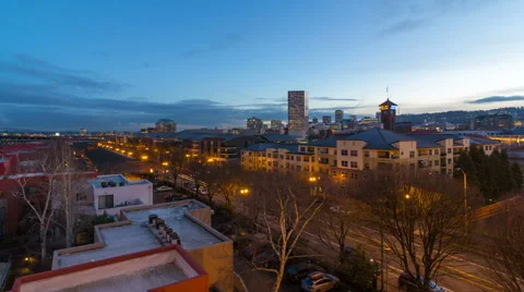 Time Lapse of Traffic Light Trails with Cityscape in Portland Oregon at Night Stock Footage 46132802