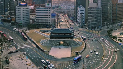 Time Lapse Traffic  at Namdaemun Gate Seoul South Korea Stock Footage 101432215
