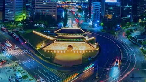 Time Lapse Traffic at Namdaemun Gate Seoul South Korea Stock Footage 123115772