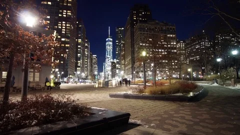 Time-lapse of Traffic at Night by the World Trade Center and Battery Park Stock Footage 84327890
