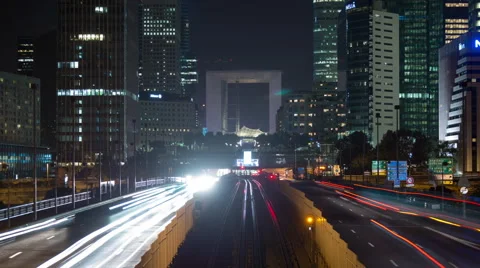 Time Lapse of Traffic in Paris at Night - Le Defense  -  Paris France Stock Footage 58959863