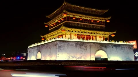 Time Lapse: Traffic is  using rotatory where it's placed the Xi'An drum tower Stock Footage 131565991