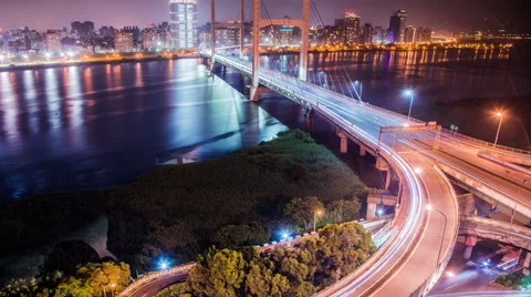 Time Lapse - Traffic View of a Bridge at Night, Taipei, Taiwan Stock Footage 64582665