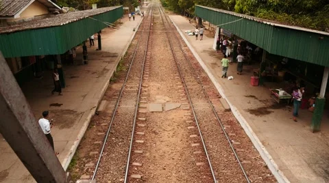 Time lapse of train arrival and departure in Myanmar station top view Stock Footage 61134888