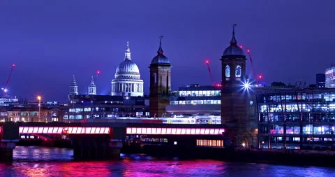 Time-lapse of train traffic on Cannon Street Railway Bridge over river Stock Footage 271556842