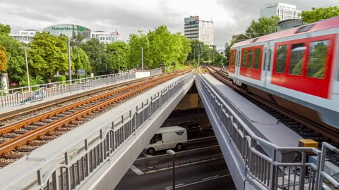 Time Lapse of trains approaching a station in Hamburg Stock Footage 149312767