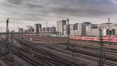 Time Lapse of Trains passing by in a big city Stock Footage 165559296