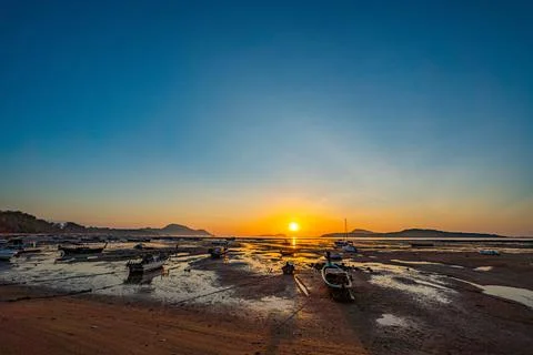 Time lapse Tranquil Maritime Scene at Tropical Sunset Stock Photos