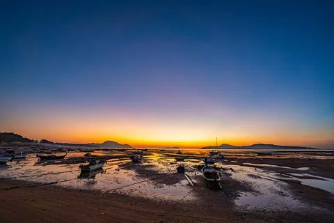 Time lapse Tranquil Maritime Scene at Tropical Sunset Stock Photos