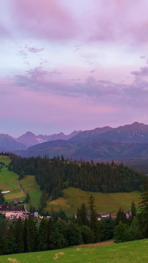 Time-Lapse Tranquility: Tatra Village Sunset and Flora Video stock 309658597
