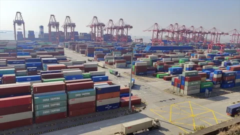 Time Lapse Of Trucks Carrying Containers At A Deepwater Port Stock Footage 166958749