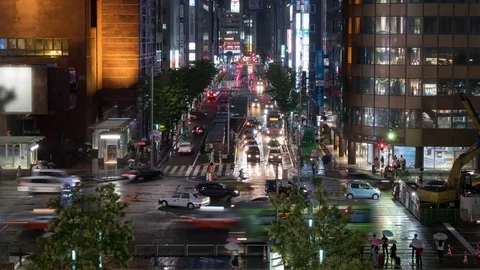 Time lapse of urban landscape, close-up, Car light trail and people walking in r Stock Footage 76997874