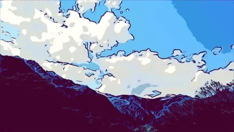Time-lapse valley clouds Cartoon Landscape artificial background with blue sk Stock Footage 157289103