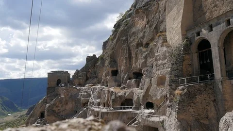 Time lapse Vardzia cave monastery. Cave town in the mountains.  Stock Footage 90351256