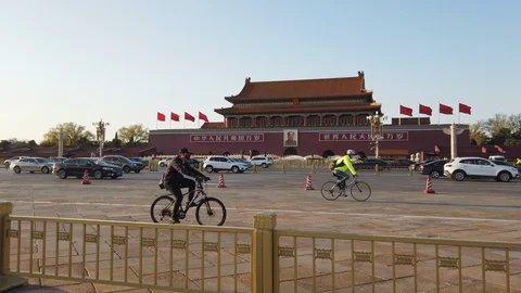 Time Lapse of Vehicles driving past the Closed Tiananmen Gate during COVID-19 Stock Footage 127639403