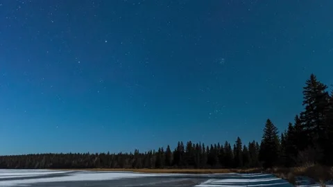 Time lapse of a very blue colored night sky and moving stars with a silhouette t Stock Footage 142094859