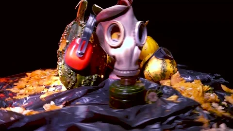 Time-lapse video art scary Halloween pumpkins and an old kerosene lamp Video stock 286208081