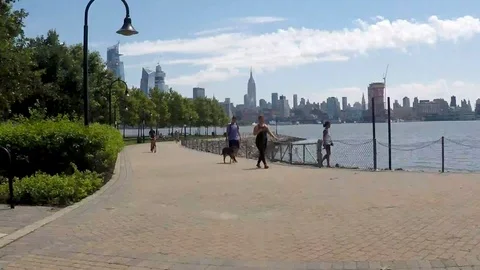 Time Lapse Video of Bike Path in Hoboken Taking in New York View Stock Footage 101493844