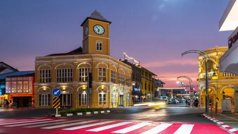 Time lapse video Day to Night old building sino-portuguese style at phuket .. Stock Footage 252482371