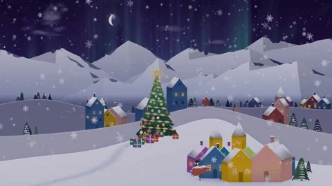 Time lapse video of a decorated Christmas tree surrounded by colorful houses in Stock Footage 345375277