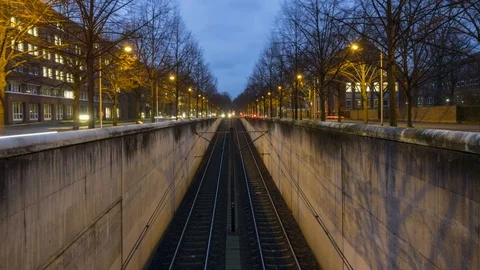 Time lapse video of Hannover U-Bahn trains arriving and leaving a station. Stock Footage 101554978