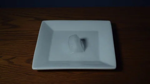Time lapse video of an ice cube melting on a plate Stock Footage 73549175