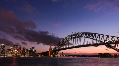 Time lapse video of Magic hour sunset at Harbour Bridge, Sydney, NSW, Australia Stock Footage 143578462
