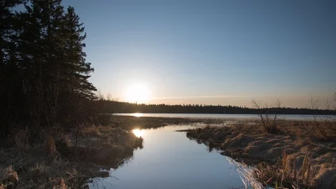 Time-lapse video of sunset, blue hour reflecting in a northern stream and Stock Footage 108762532
